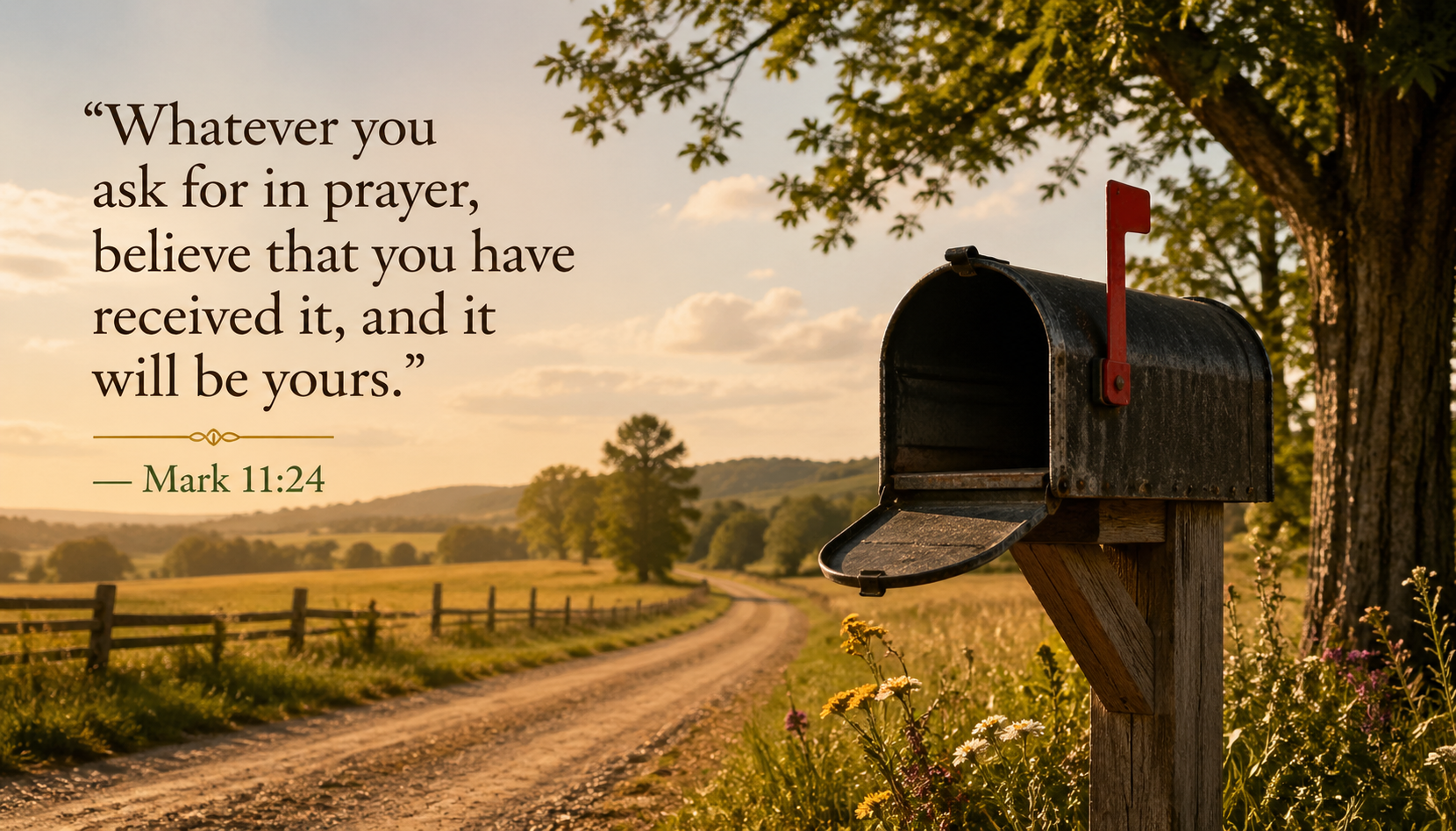 Country mailbox with flag raised on a warm afternoon road with Mark 11:24 verse about believing you have received in prayer